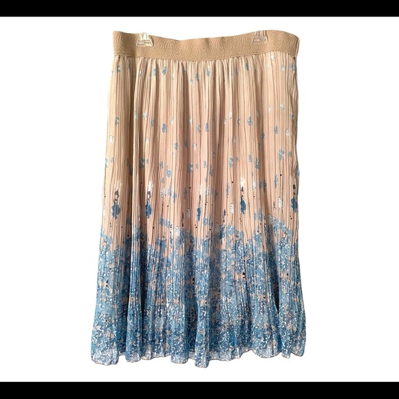 Andi + James Women’s XL Tan Blue Floral Pleated Elastic Waist Midi Skirt - Picture 1 of 7